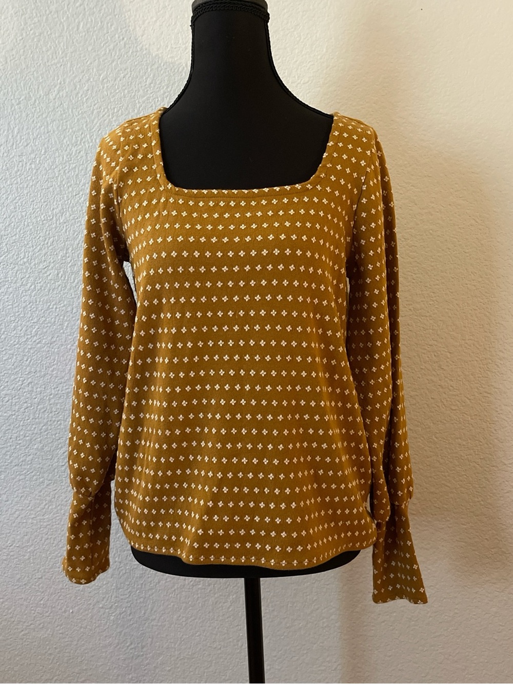 Madewell Mustard Square Neck Long Sleeve Top with White Dot Motif
